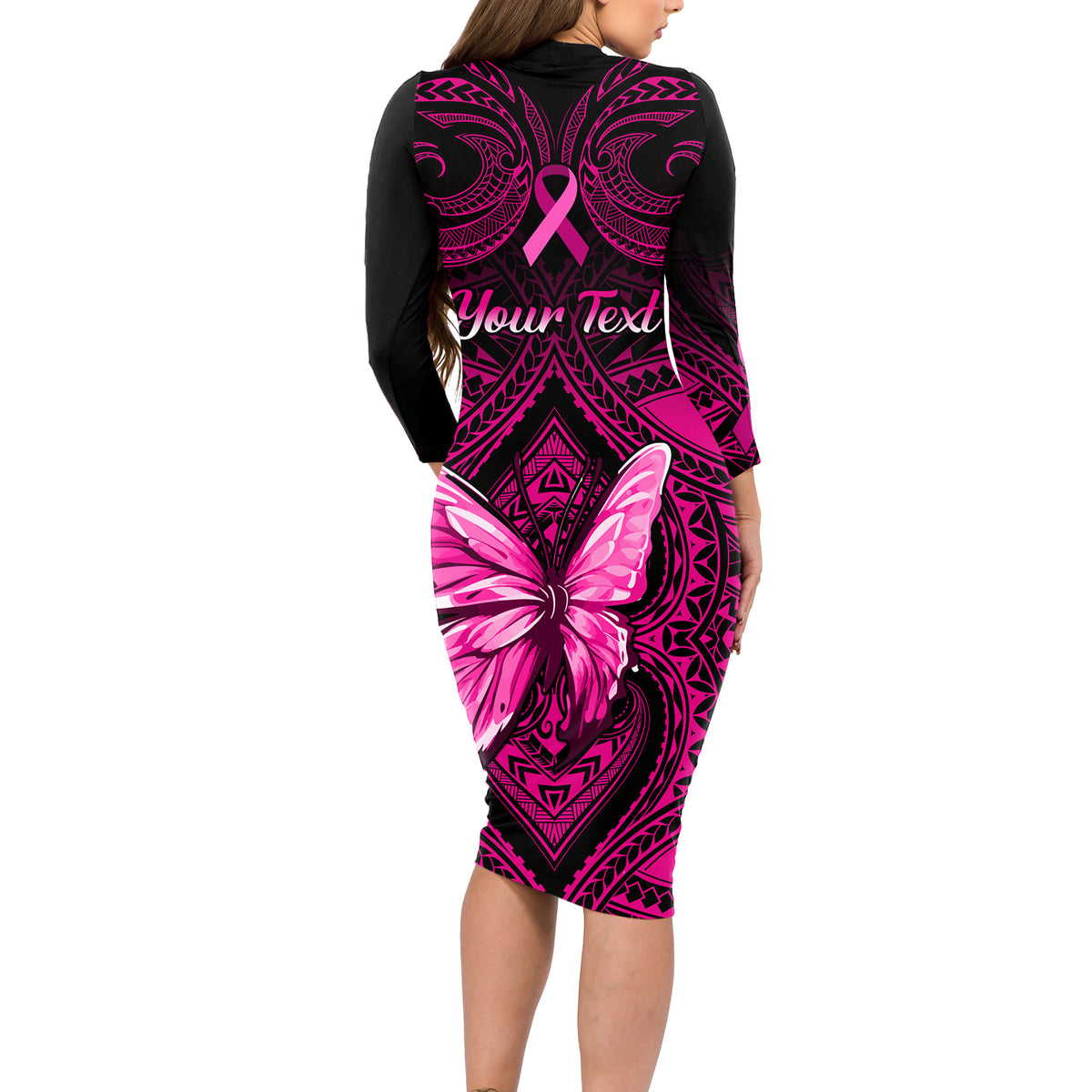 Personalised Pink Out Long Sleeve Bodycon Dress Breast Cancer Awareness Polynesian Pattern Black Version LT01 - Polynesian Pride