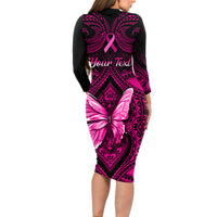 Personalised Pink Out Long Sleeve Bodycon Dress Breast Cancer Awareness Polynesian Pattern Black Version LT01 - Polynesian Pride