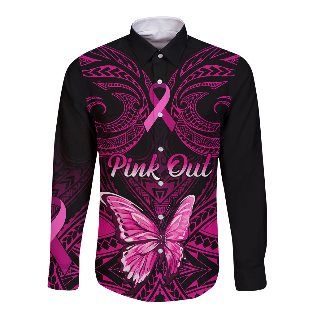 Personalised Pink Out Long Sleeve Button Shirt Breast Cancer Awareness Polynesian Pattern Black Version LT01 Unisex Black - Polynesian Pride