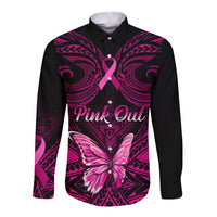 Personalised Pink Out Long Sleeve Button Shirt Breast Cancer Awareness Polynesian Pattern Black Version LT01 Unisex Black - Polynesian Pride