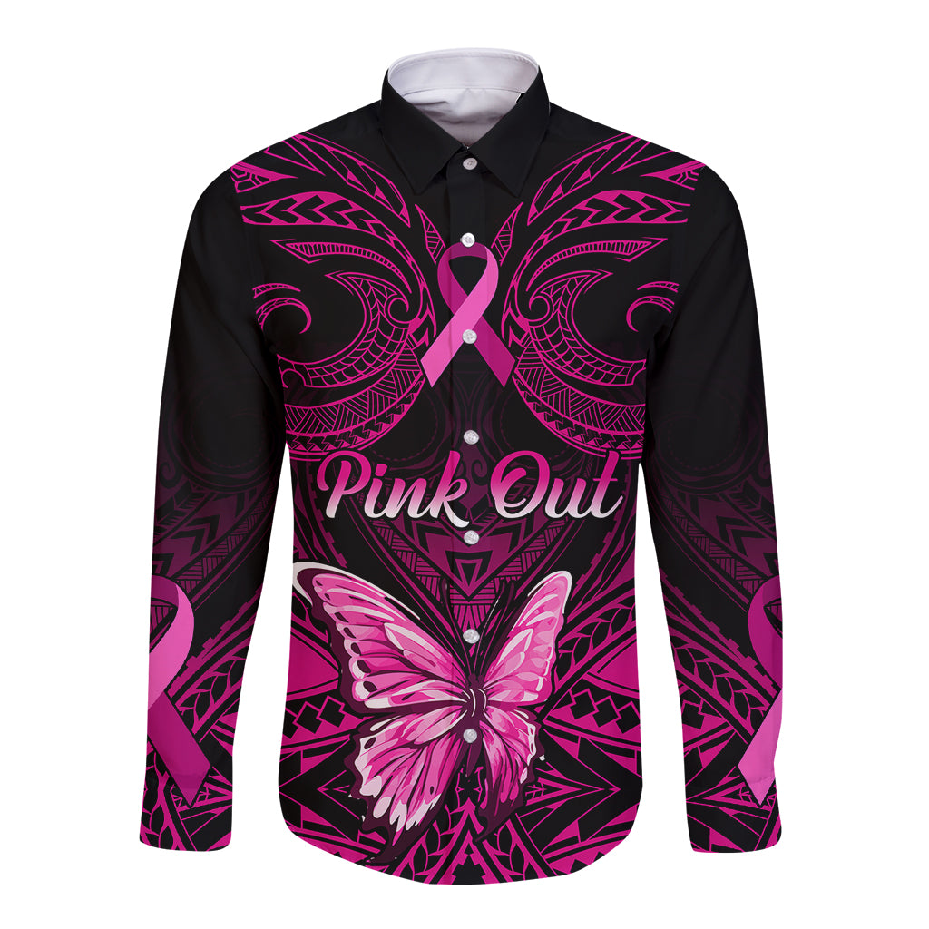 Personalised Pink Out Long Sleeve Button Shirt Breast Cancer Awareness Polynesian Pattern Black Version LT01 Unisex Black - Polynesian Pride