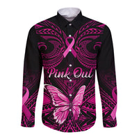 Personalised Pink Out Long Sleeve Button Shirt Breast Cancer Awareness Polynesian Pattern Black Version LT01 Unisex Black - Polynesian Pride