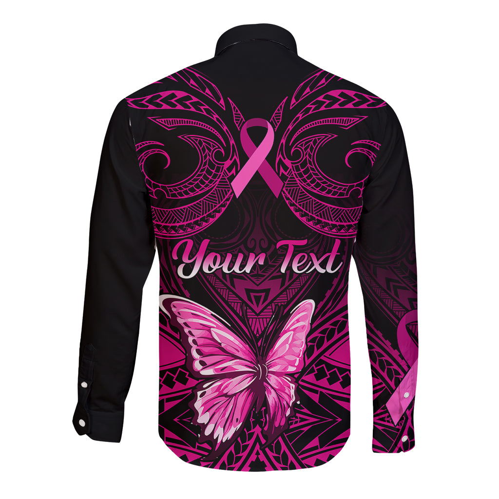 Personalised Pink Out Long Sleeve Button Shirt Breast Cancer Awareness Polynesian Pattern Black Version LT01 - Polynesian Pride