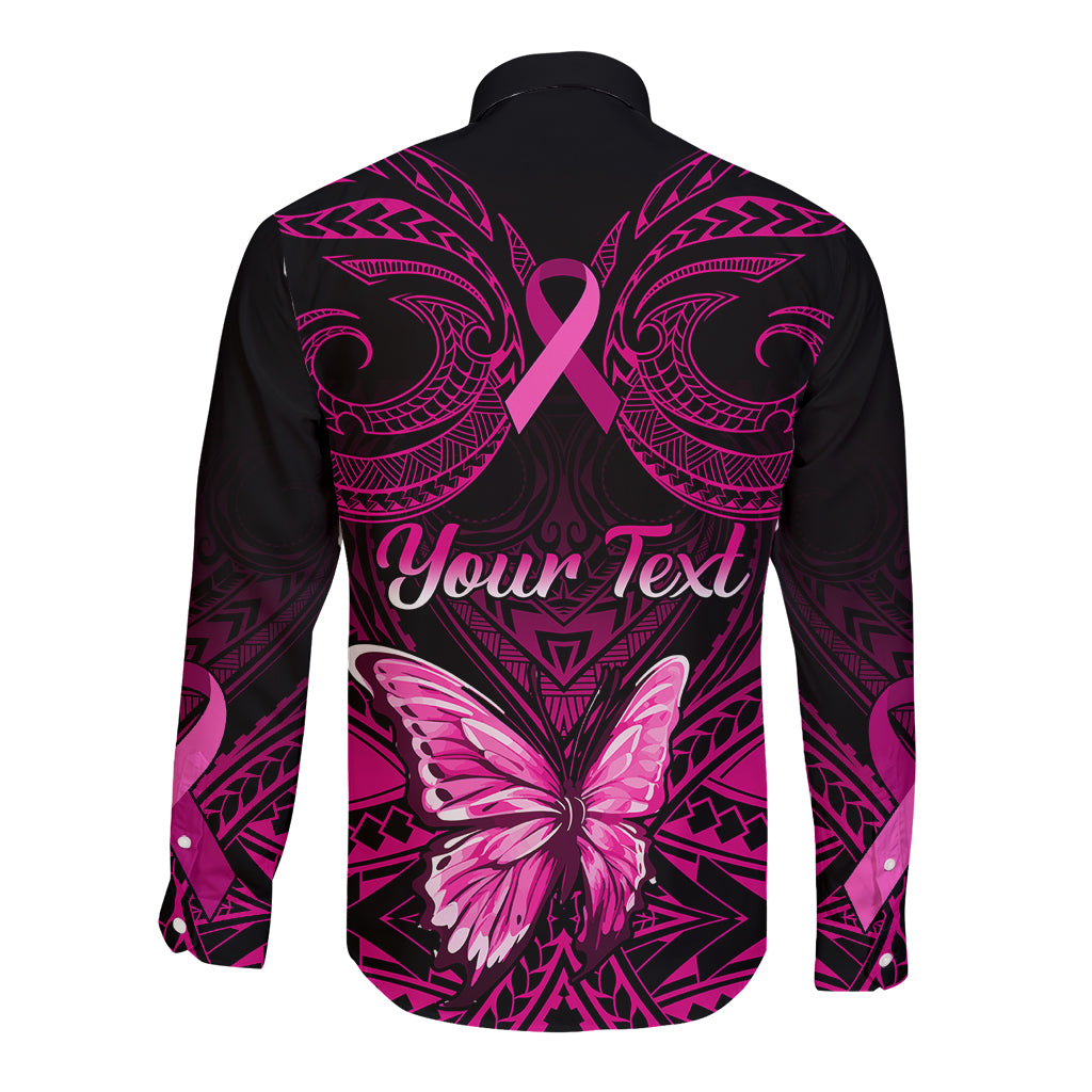 Personalised Pink Out Long Sleeve Button Shirt Breast Cancer Awareness Polynesian Pattern Black Version LT01 - Polynesian Pride