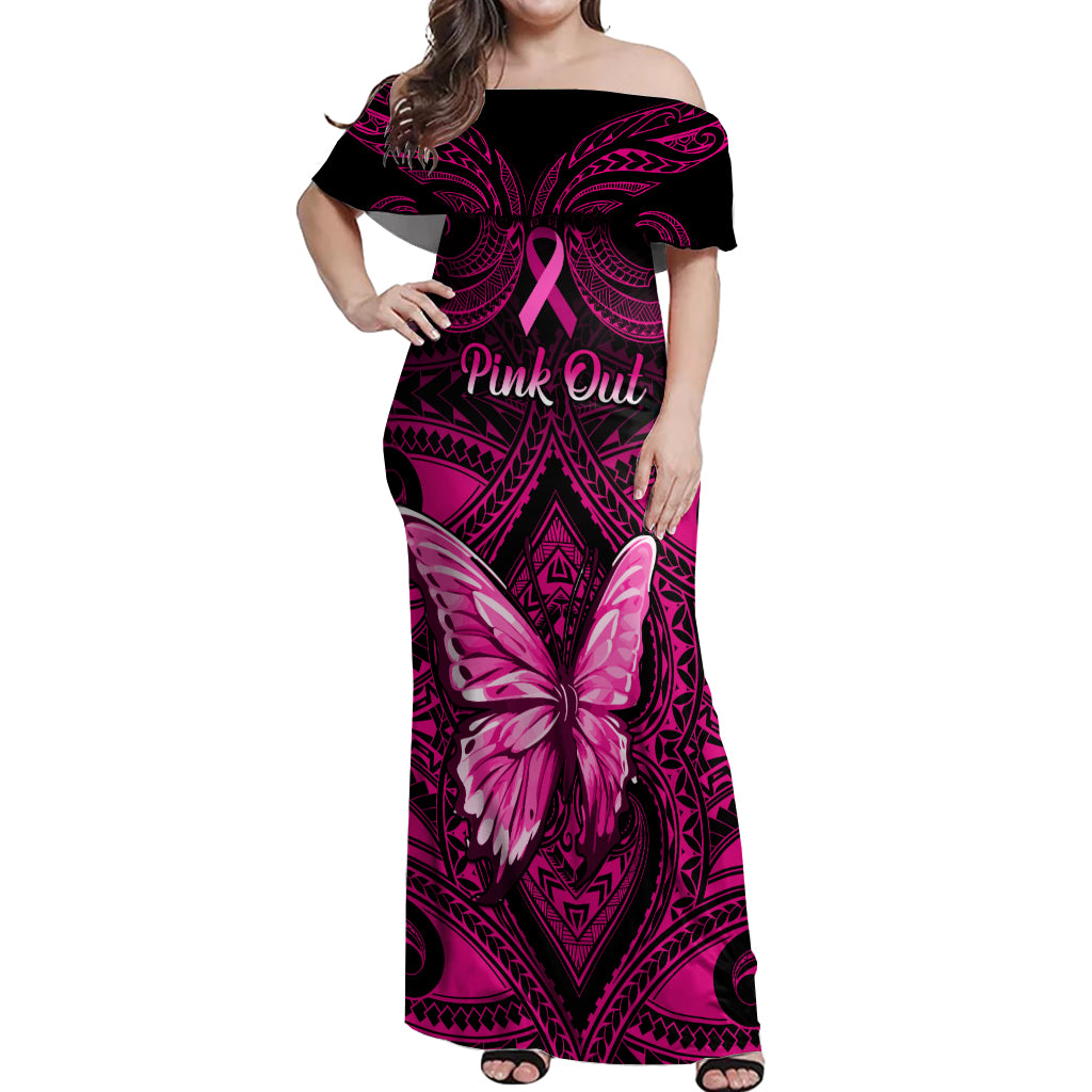 Personalised Pink Out Off Shoulder Maxi Dress Breast Cancer Awareness Polynesian Pattern Black Version LT01 Women Black - Polynesian Pride