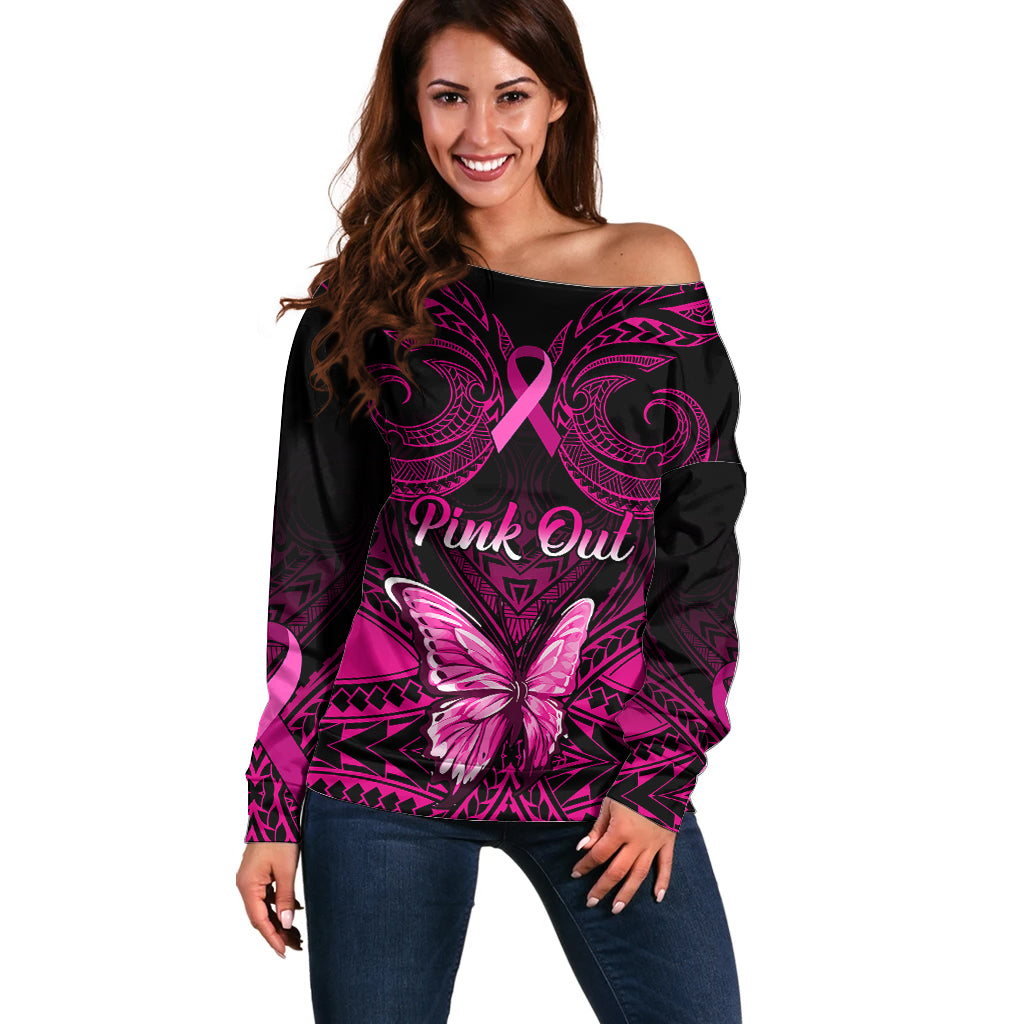 Personalised Pink Out Off Shoulder Sweater Breast Cancer Awareness Polynesian Pattern Black Version LT01 Women Black - Polynesian Pride