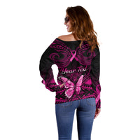 Personalised Pink Out Off Shoulder Sweater Breast Cancer Awareness Polynesian Pattern Black Version LT01 - Polynesian Pride