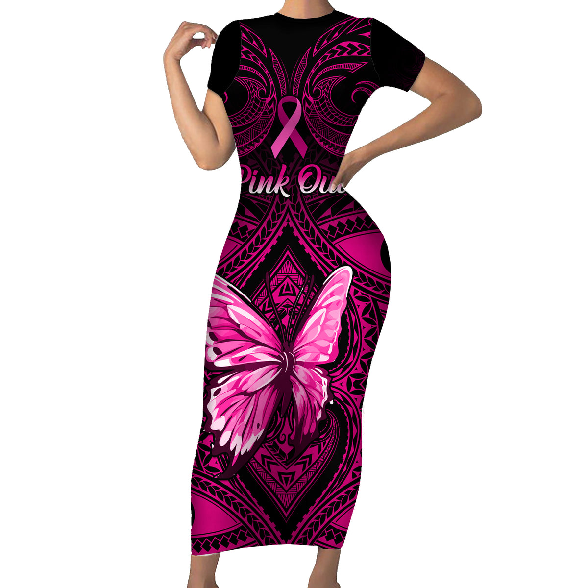 Personalised Pink Out Short Sleeve Bodycon Dress Breast Cancer Awareness Polynesian Pattern Black Version LT01 Long Dress Black - Polynesian Pride