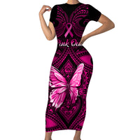 Personalised Pink Out Short Sleeve Bodycon Dress Breast Cancer Awareness Polynesian Pattern Black Version LT01 Long Dress Black - Polynesian Pride