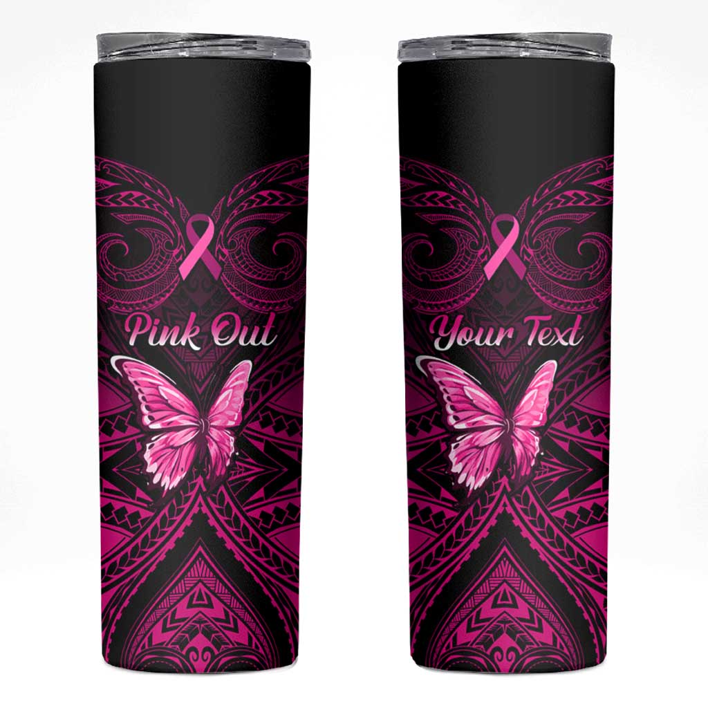 Personalised Pink Out Skinny Tumbler Breast Cancer Awareness Polynesian Pattern Black Version