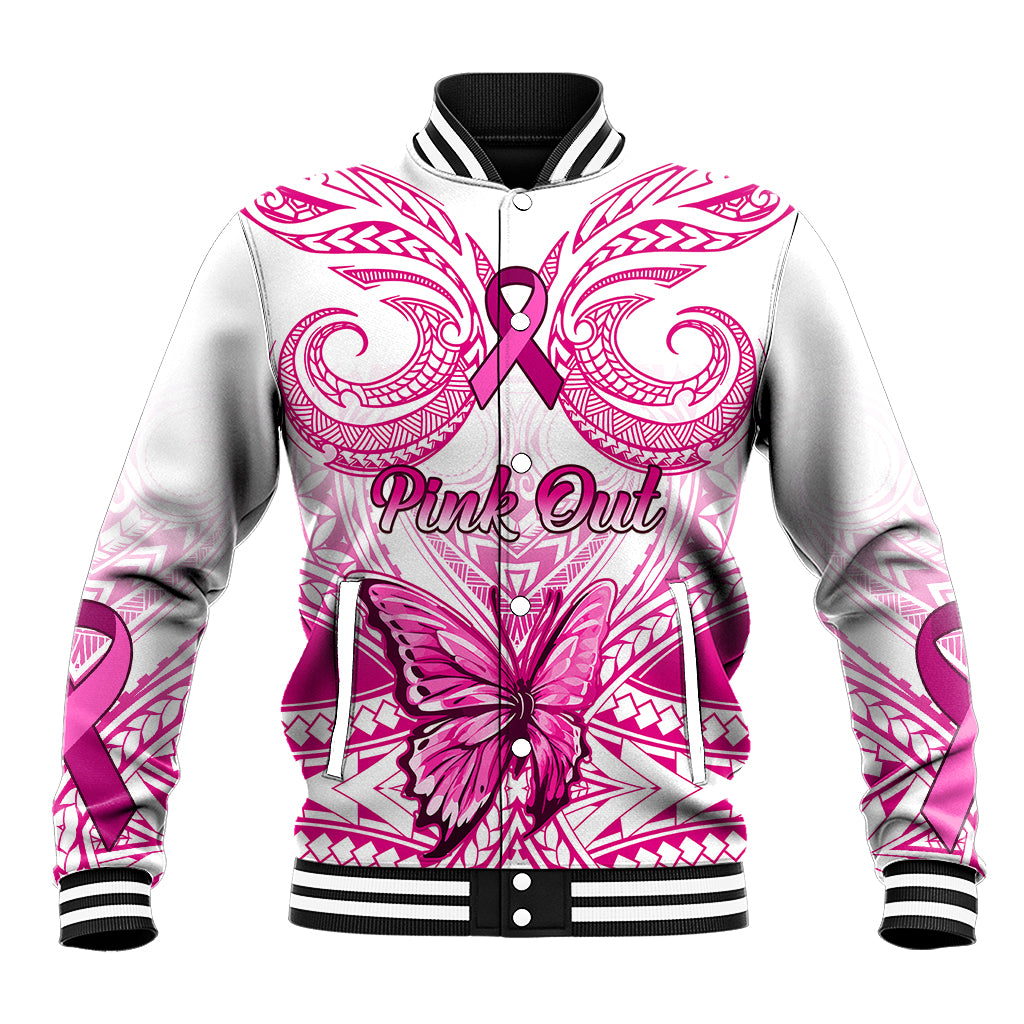 Personalised Pink Out Baseball Jacket Breast Cancer Awareness Polynesian Pattern White Version LT01 Unisex White - Polynesian Pride
