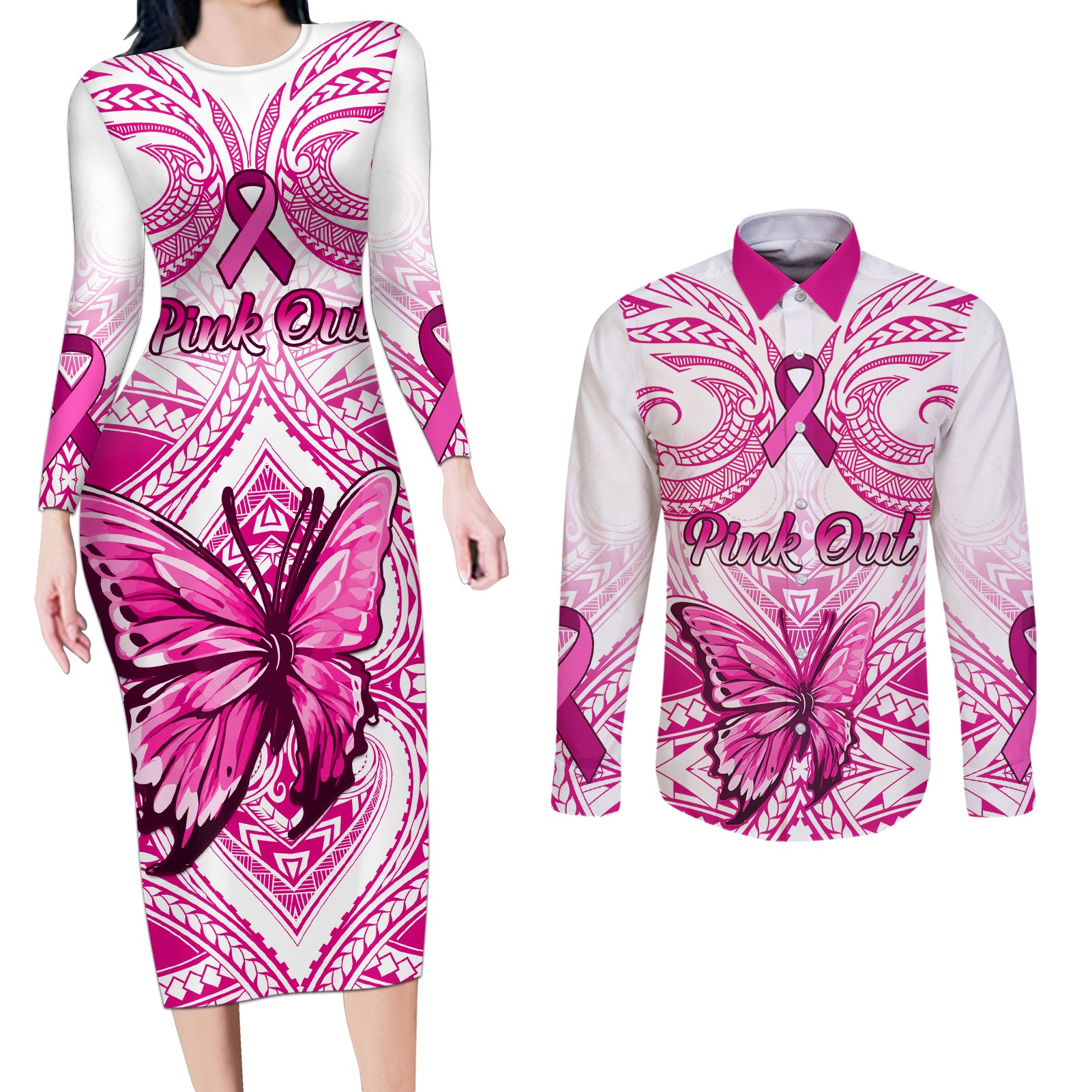 personalised-pink-out-couples-matching-long-sleeve-bodycon-dress-and-long-sleeve-button-shirts-breast-cancer-awareness-polynesian-pattern-white-version