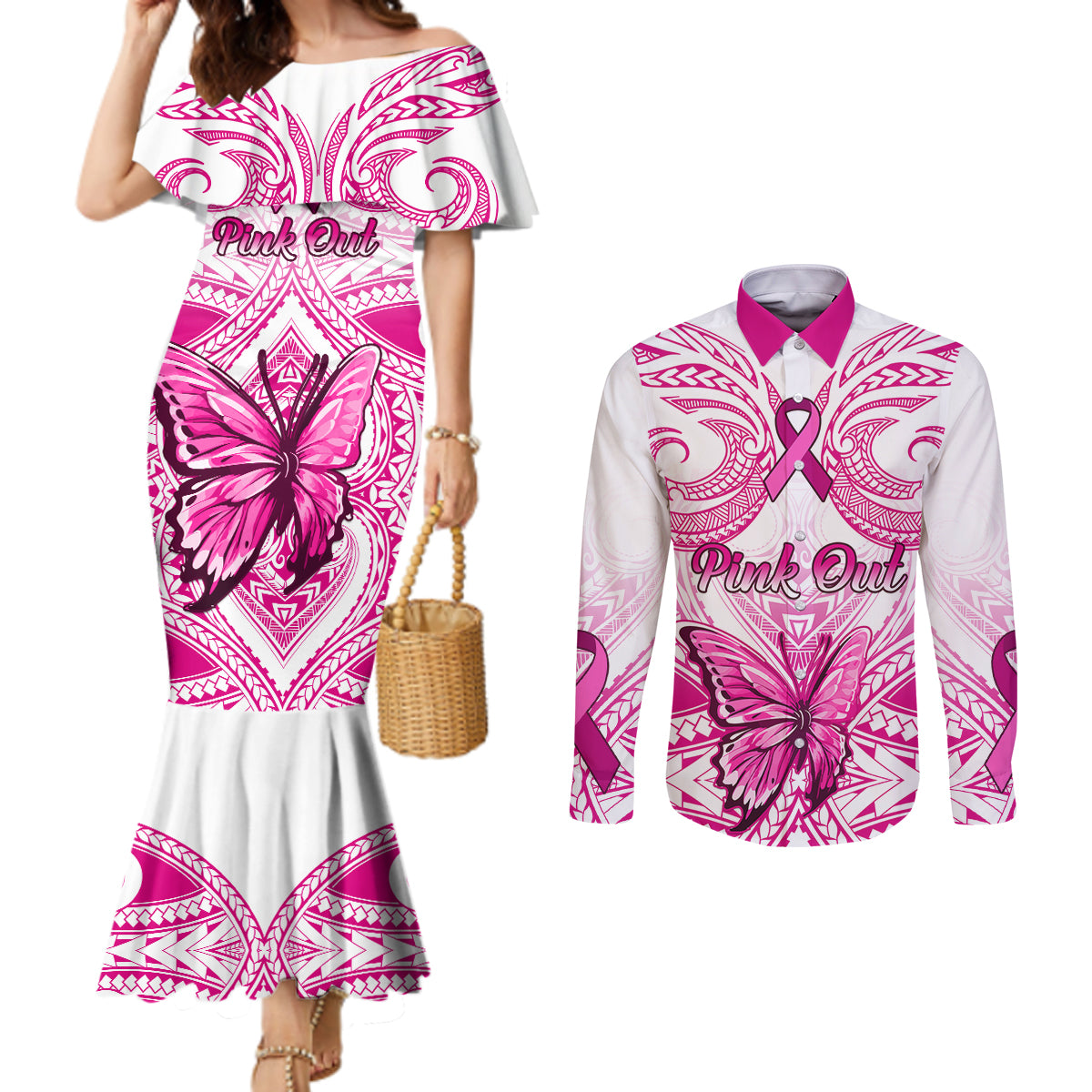 personalised-pink-out-couples-matching-mermaid-dress-and-long-sleeve-button-shirts-breast-cancer-awareness-polynesian-pattern-white-version