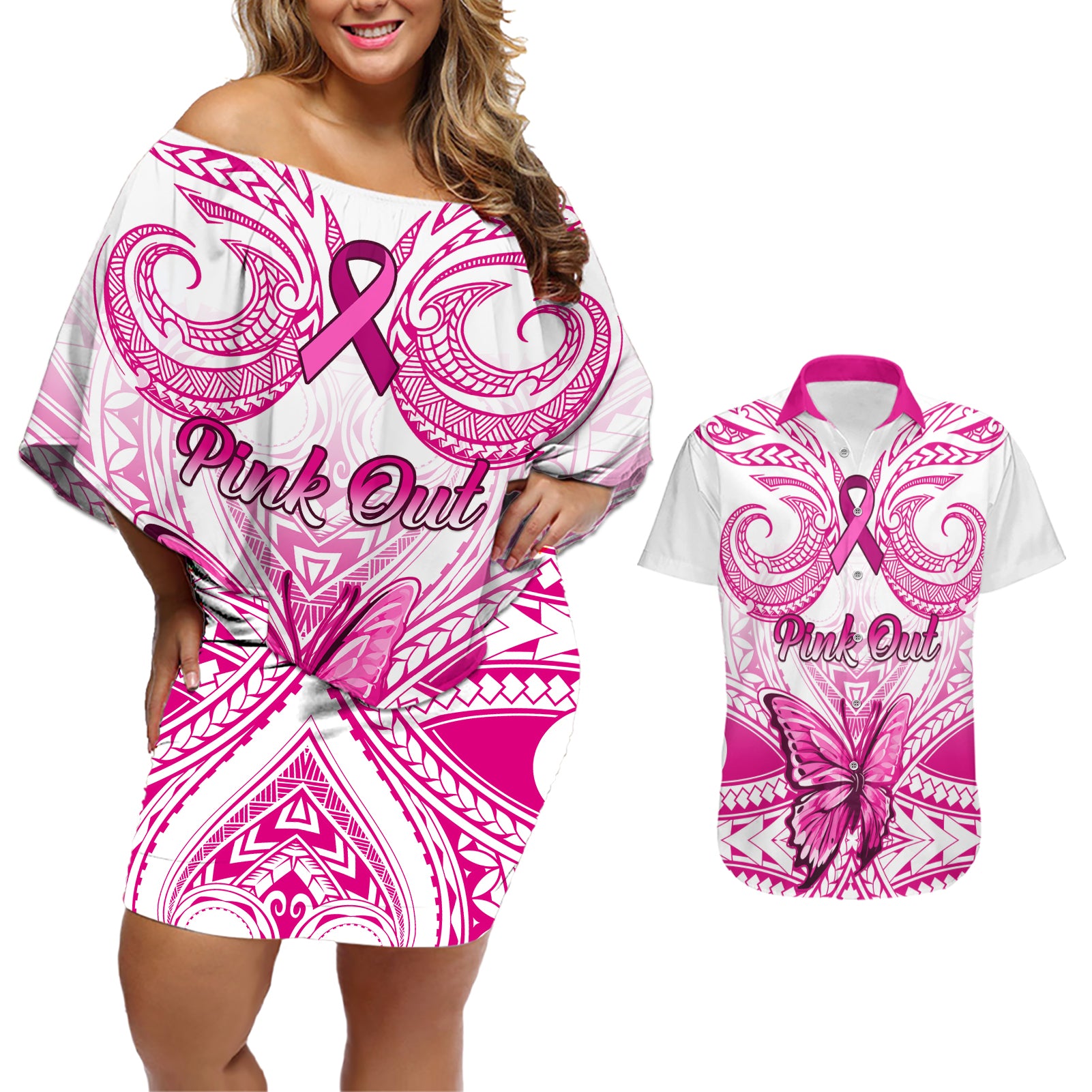 personalised-pink-out-couples-matching-off-shoulder-short-dress-and-hawaiian-shirt-breast-cancer-awareness-polynesian-pattern-white-version