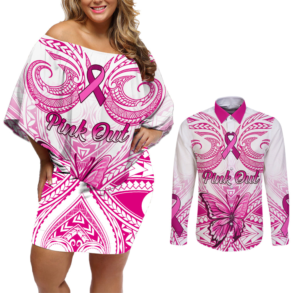 personalised-pink-out-couples-matching-off-shoulder-short-dress-and-long-sleeve-button-shirts-breast-cancer-awareness-polynesian-pattern-white-version