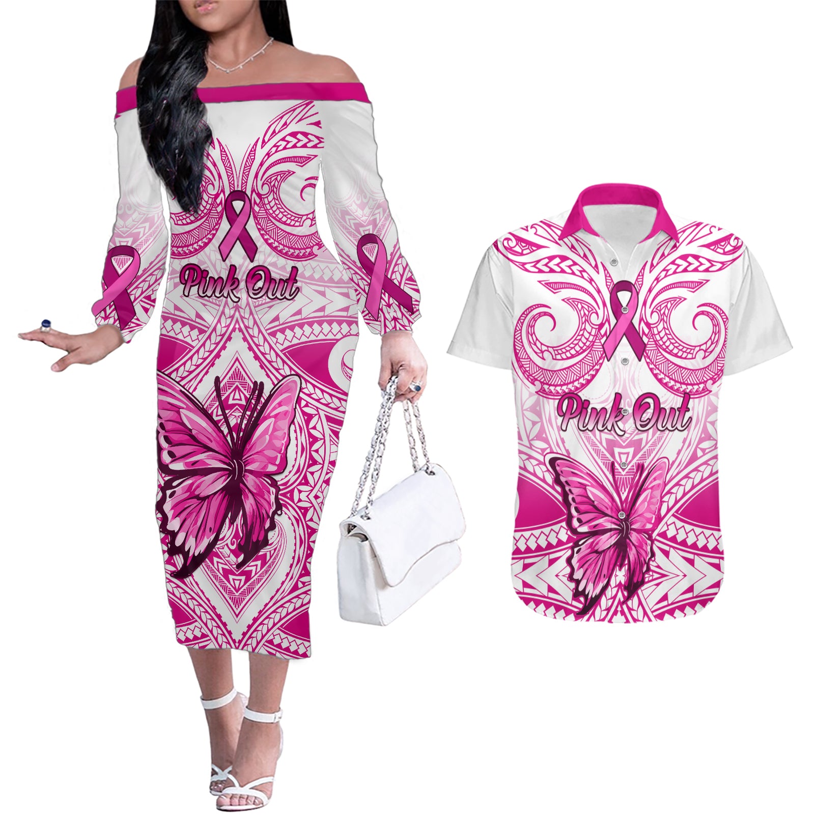 personalised-pink-out-couples-matching-off-the-shoulder-long-sleeve-dress-and-hawaiian-shirt-breast-cancer-awareness-polynesian-pattern-white-version