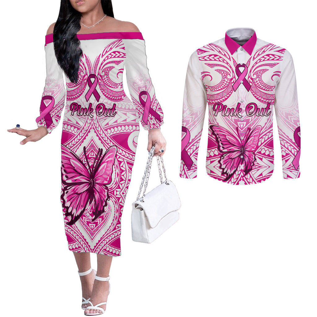 personalised-pink-out-couples-matching-off-the-shoulder-long-sleeve-dress-and-long-sleeve-button-shirts-breast-cancer-awareness-polynesian-pattern-white-version