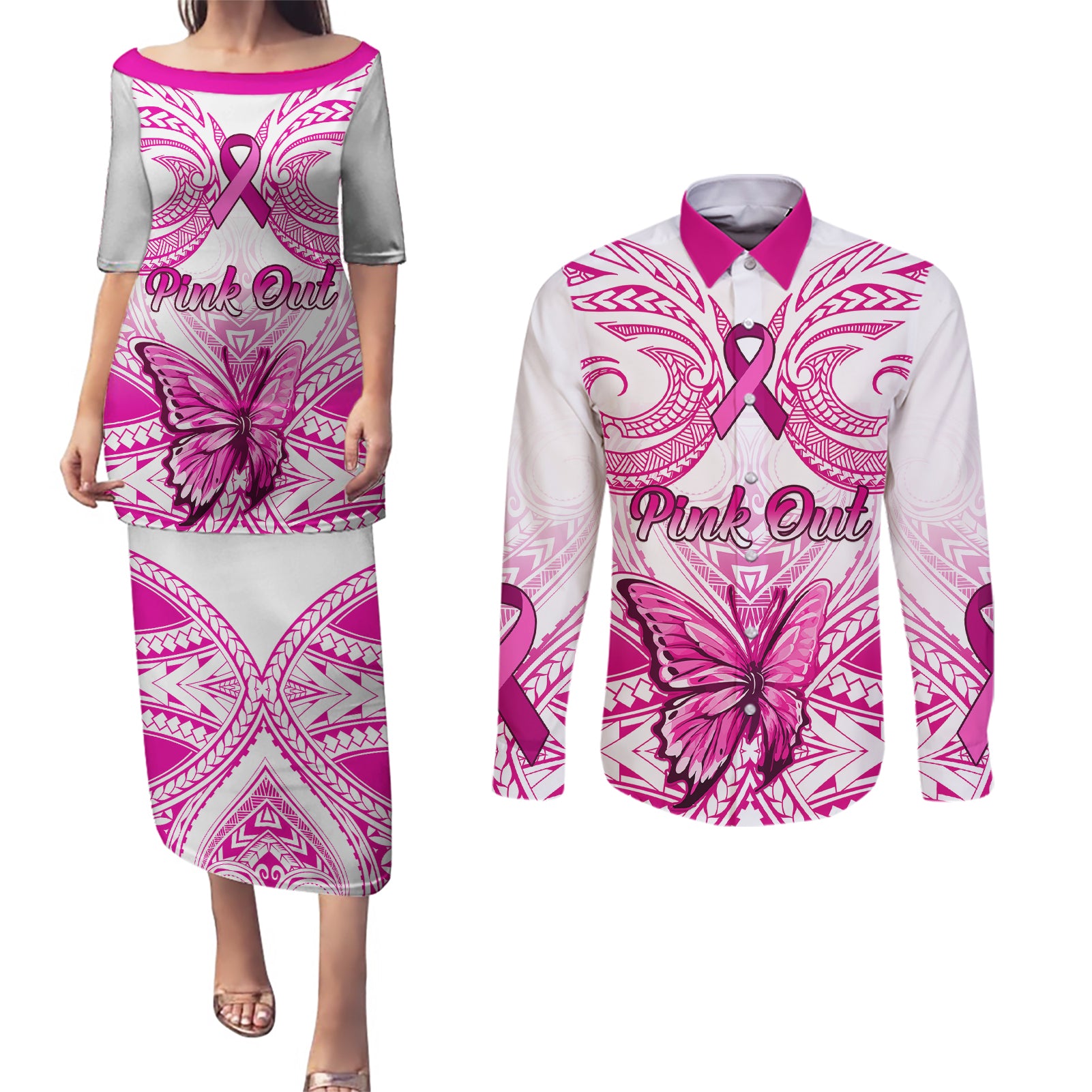 personalised-pink-out-couples-matching-puletasi-dress-and-long-sleeve-button-shirts-breast-cancer-awareness-polynesian-pattern-white-version