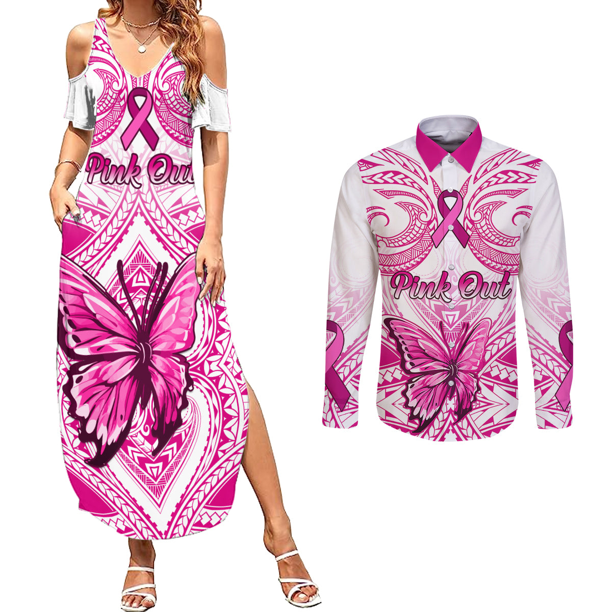 personalised-pink-out-couples-matching-summer-maxi-dress-and-long-sleeve-button-shirts-breast-cancer-awareness-polynesian-pattern-white-version