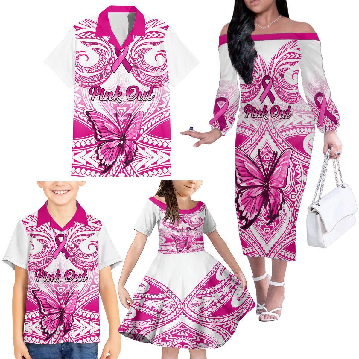 personalised-pink-out-family-matching-off-shoulder-long-sleeve-dress-and-hawaiian-shirt-breast-cancer-awareness-polynesian-pattern-white-version