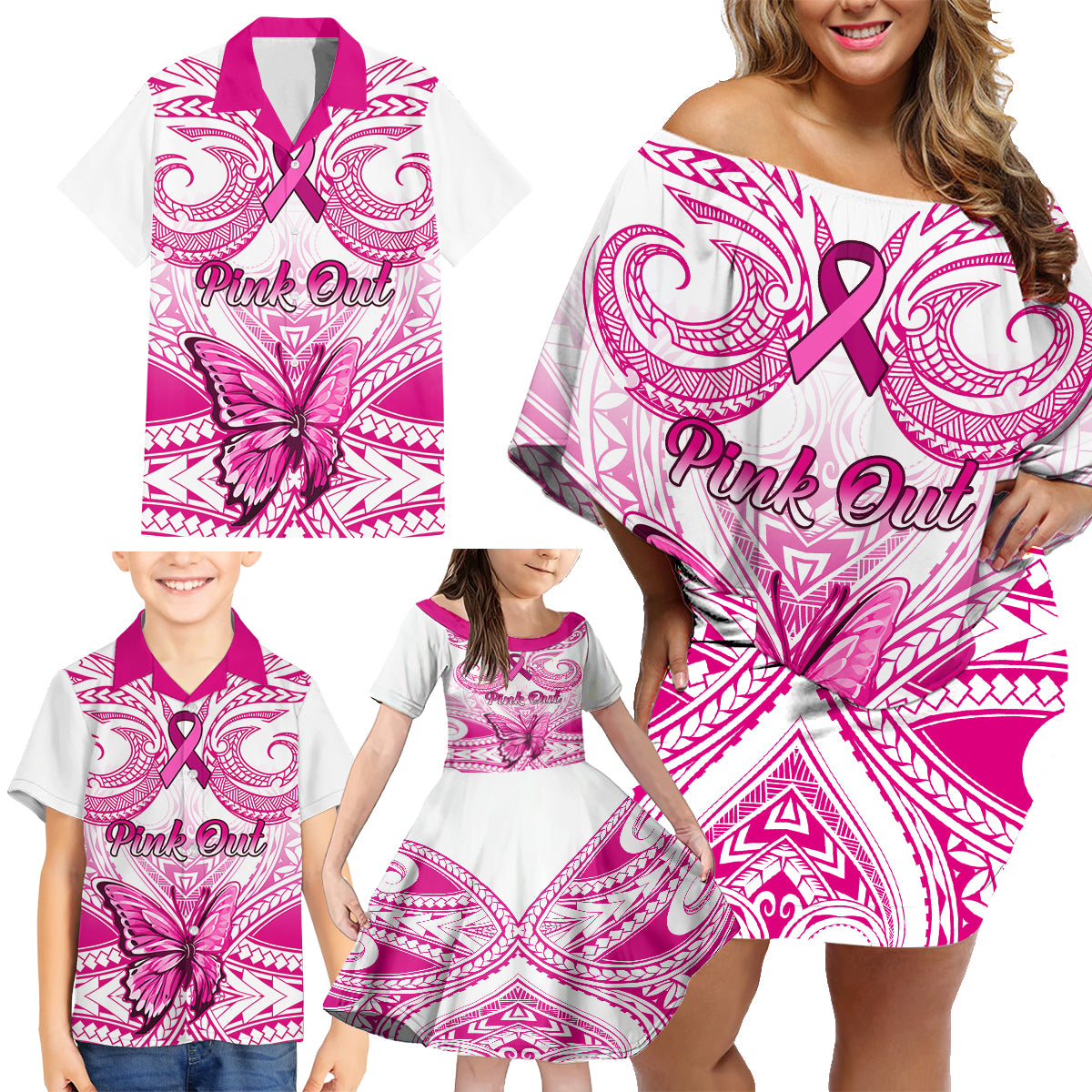 personalised-pink-out-family-matching-off-shoulder-short-dress-and-hawaiian-shirt-breast-cancer-awareness-polynesian-pattern-white-version