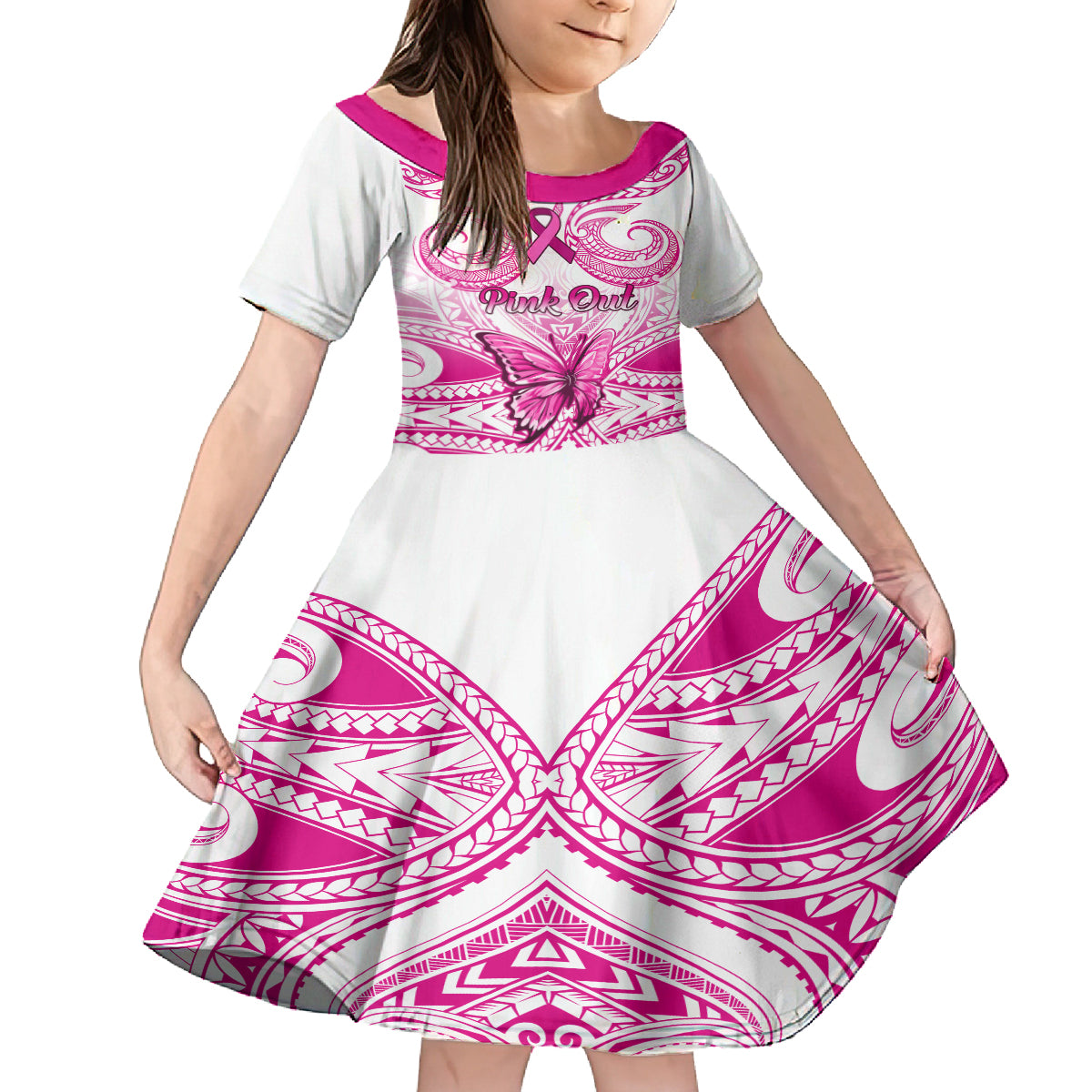 Personalised Pink Out Kid Short Sleeve Dress Breast Cancer Awareness Polynesian Pattern White Version LT01 KID White - Polynesian Pride