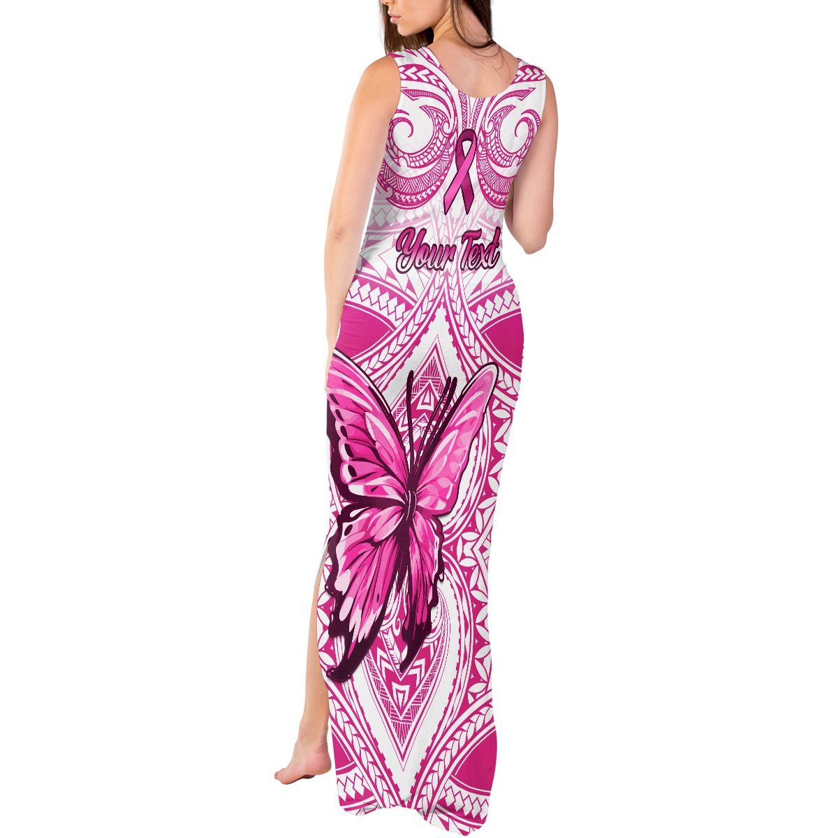 Personalised Pink Out Tank Maxi Dress Breast Cancer Awareness Polynesian Pattern White Version LT01 - Polynesian Pride