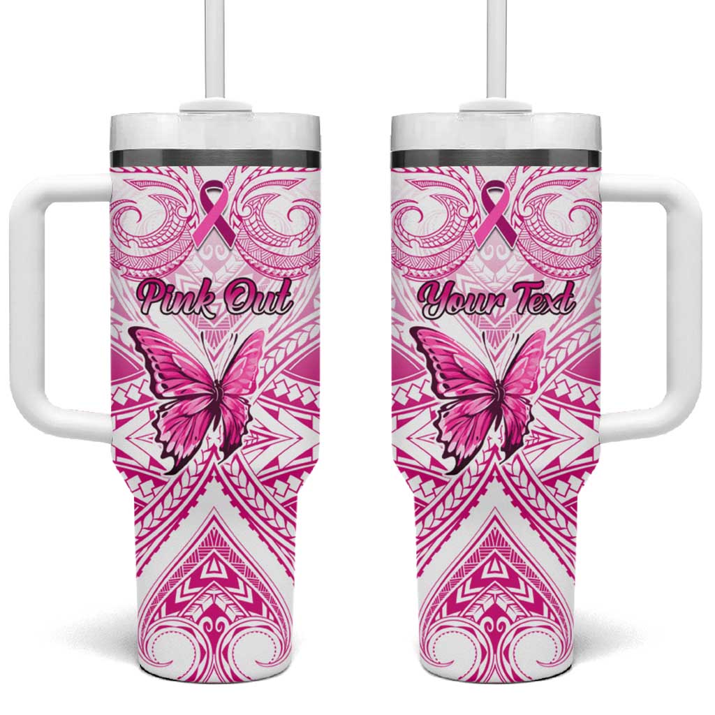 Personalised Pink Out Tumbler With Handle Breast Cancer Awareness Polynesian Pattern White Version