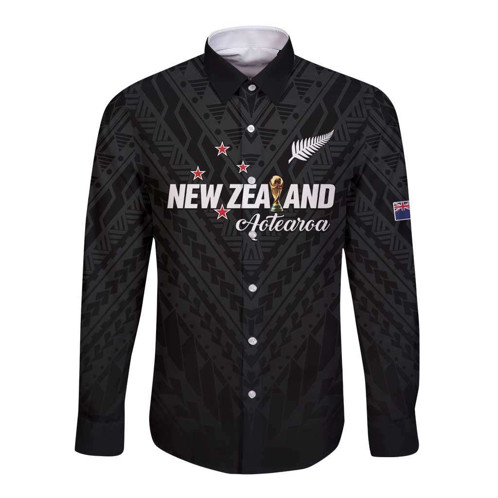 Custom Football New Zealand Long Sleeve Button Shirt Aotearoa United Black Version LT01 Unisex Black - Polynesian Pride