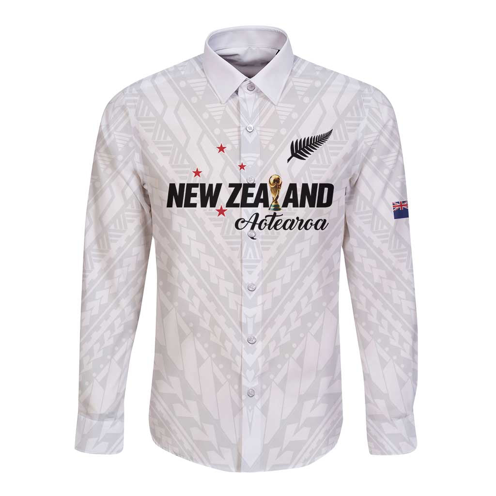 Custom Football New Zealand Long Sleeve Button Shirt Aotearoa United White Version LT01 Unisex White - Polynesian Pride