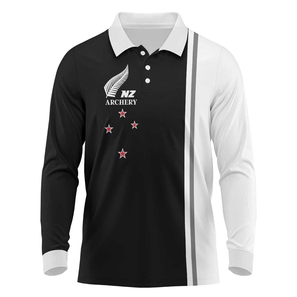 Personalised New Zealand 2025 Archery Basic Long Sleeve Polo Shirt Archery NZ LT01 Black - Polynesian Pride