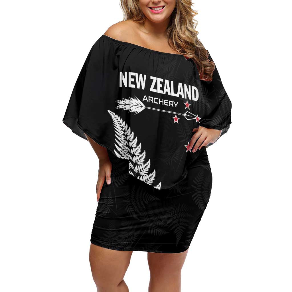 Personalised New Zealand 2025 Archery Off Shoulder Short Dress Aotearoa Silver Arrows Black LT01 Women Black - Polynesian Pride