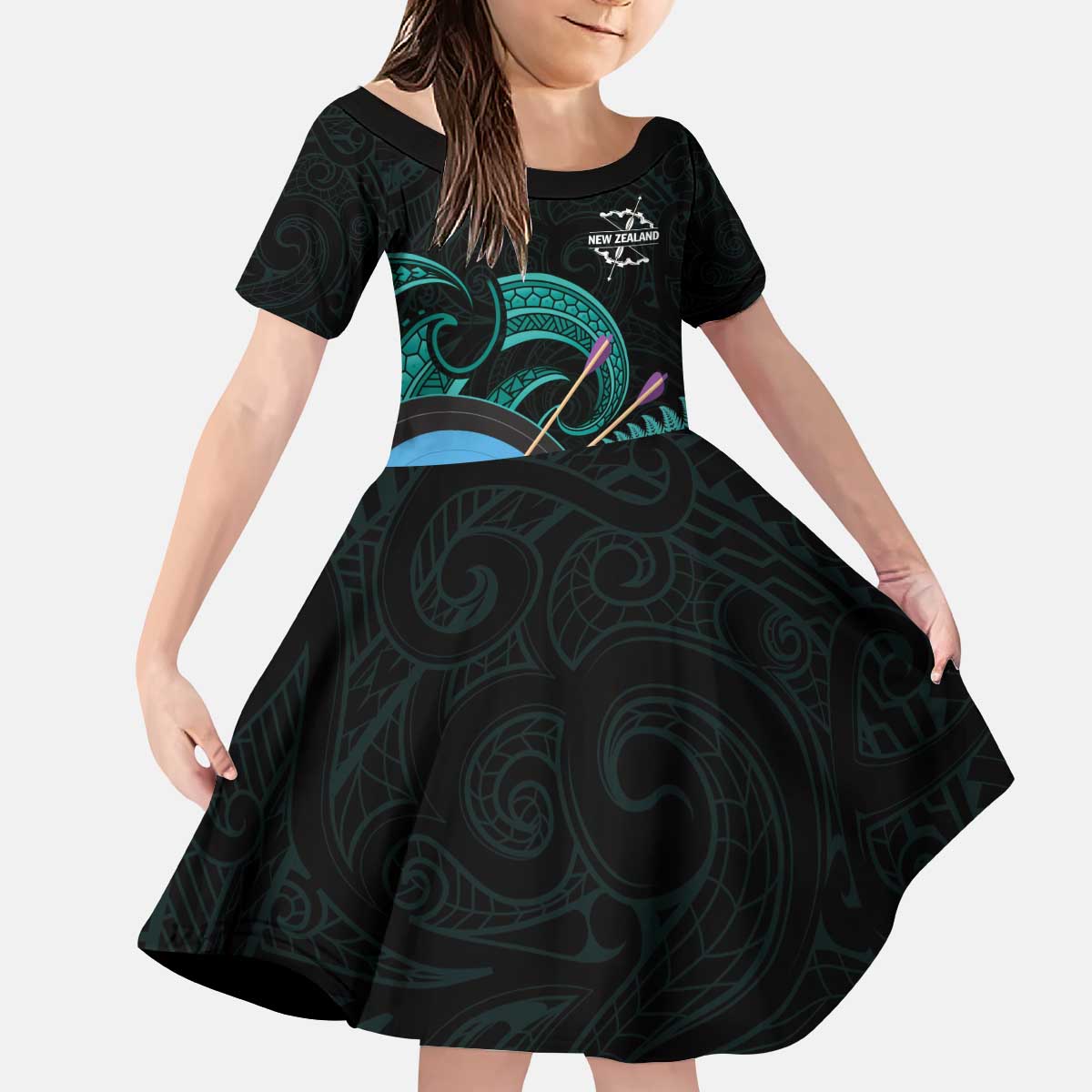 Personalised New Zealand Archery Kid Short Sleeve Dress Turquoise Maori Silver Fern LT01 KID Turquoise - Polynesian Pride