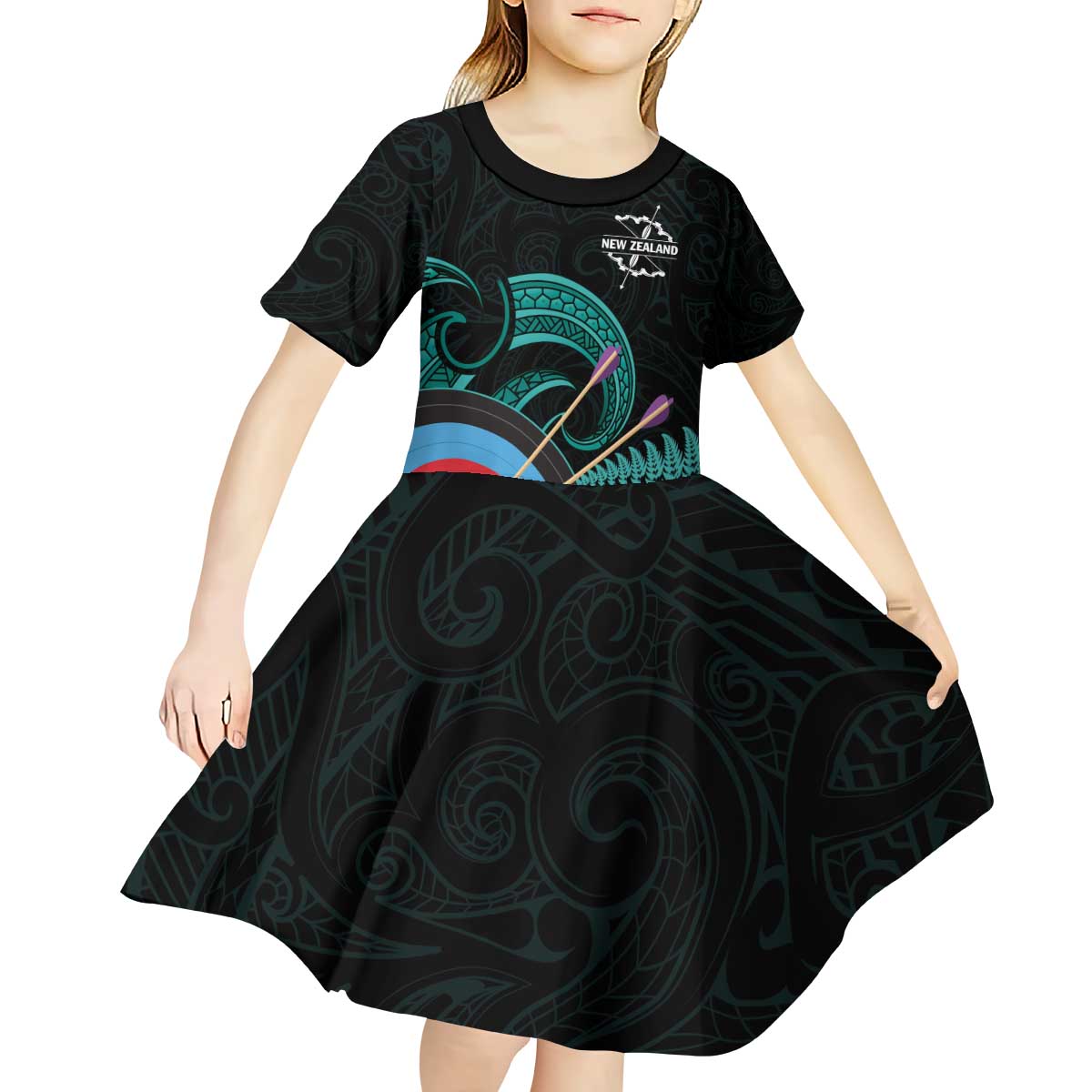 Personalised New Zealand Archery Kid Short Sleeve Dress Turquoise Maori Silver Fern LT01 - Polynesian Pride