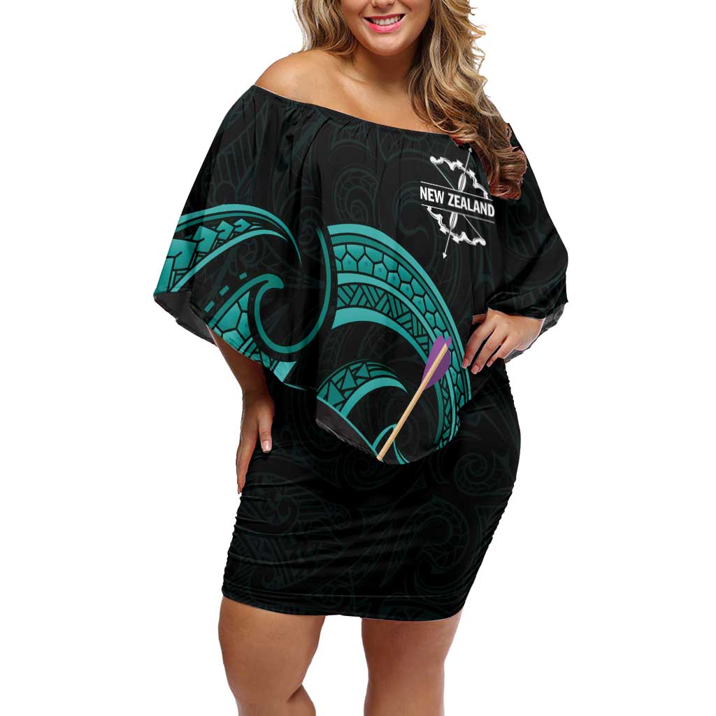 Personalised New Zealand Archery Off Shoulder Short Dress Turquoise Maori Silver Fern LT01 Women Turquoise - Polynesian Pride