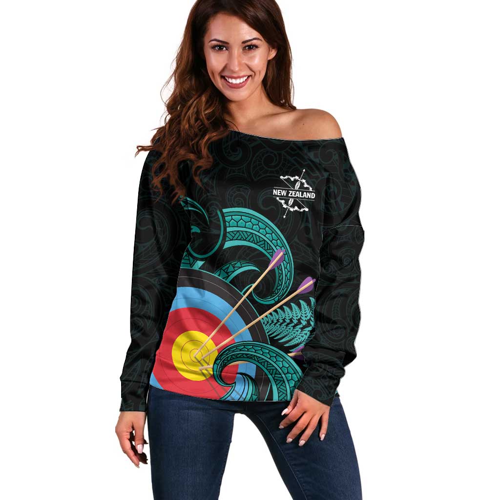 Personalised New Zealand Archery Off Shoulder Sweater Turquoise Maori Silver Fern LT01 Women Turquoise - Polynesian Pride
