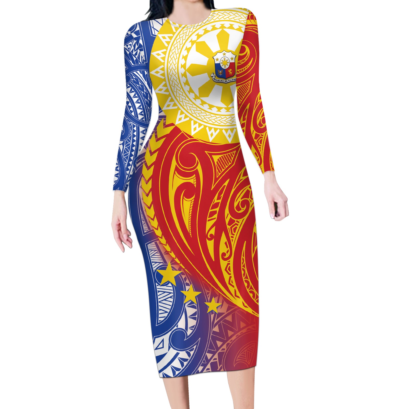 Philippines Long Sleeve Bodycon Dress Pilipinas Polynesian Pattern