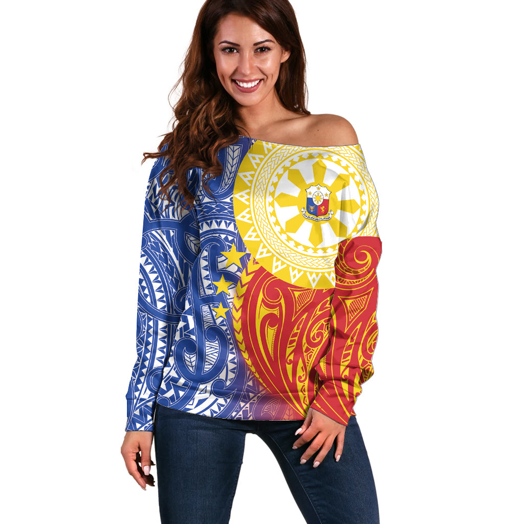 Philippines Off Shoulder Sweater Pilipinas Polynesian Pattern