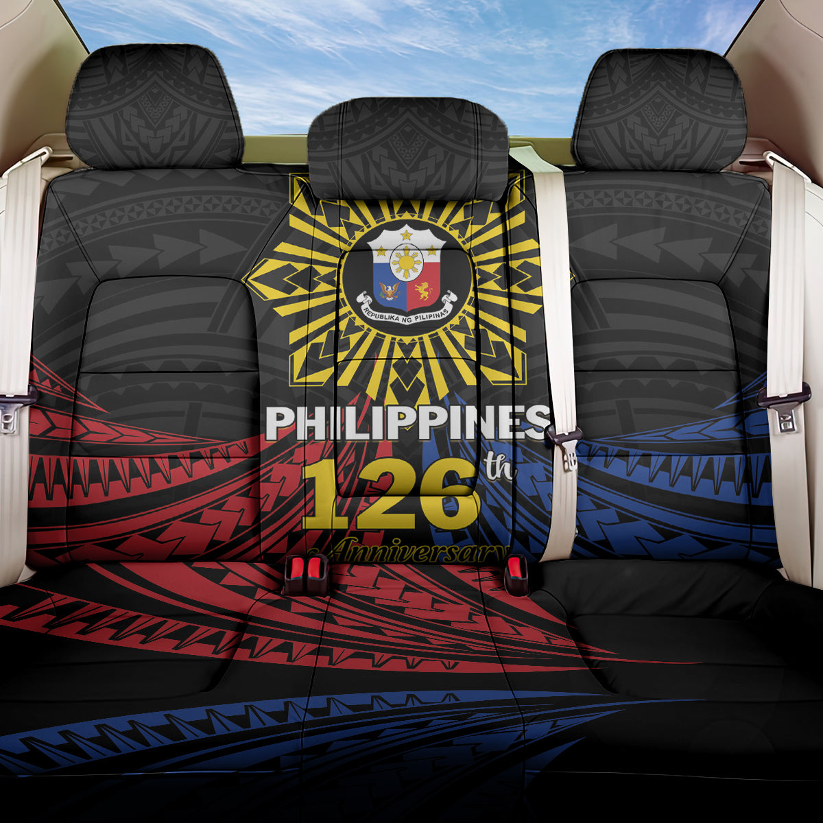 Philippines Independence Day Back Car Seat Cover Filipino 126th Anniversary Sun Tattoo LT01 One Size Black - Polynesian Pride
