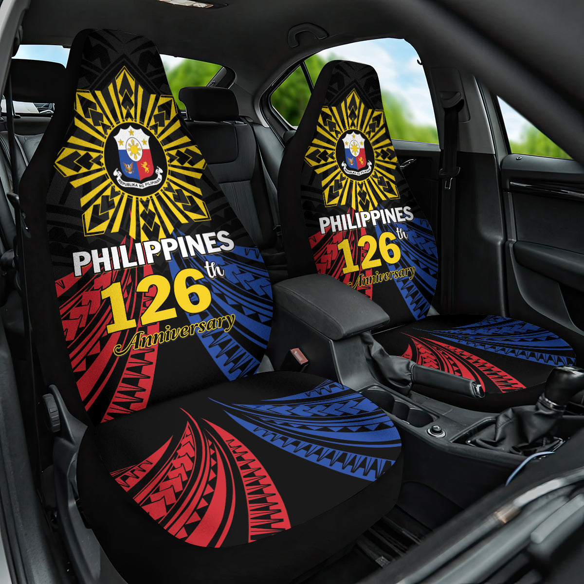 Philippines Independence Day Car Seat Cover Filipino 126th Anniversary Sun Tattoo LT01 One Size Black - Polynesian Pride