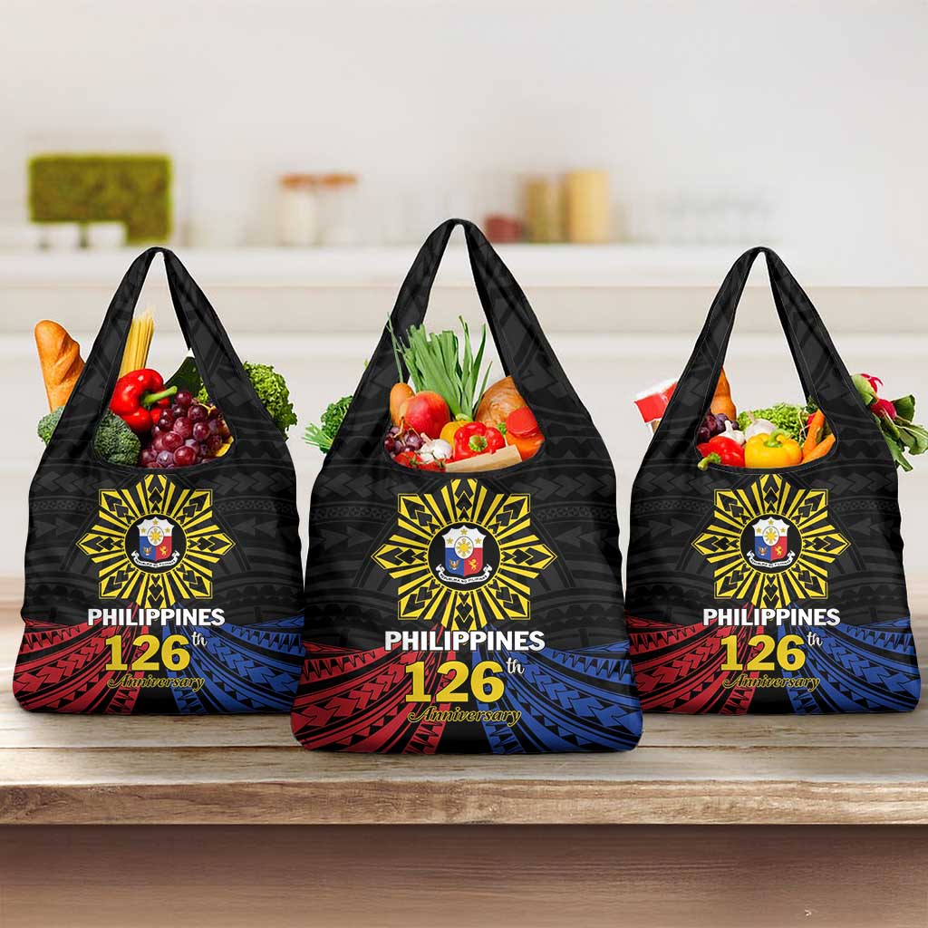 Philippines Independence Day Grocery Bag Filipino 126th Anniversary Sun Tattoo LT01 3-pack One Size Black - Polynesian Pride