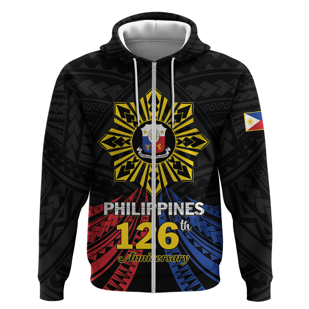 Personalized Philippines Independence Day Hoodie Filipino 126th Anniversary Sun Tattoo LT01 Zip Hoodie Black - Polynesian Pride