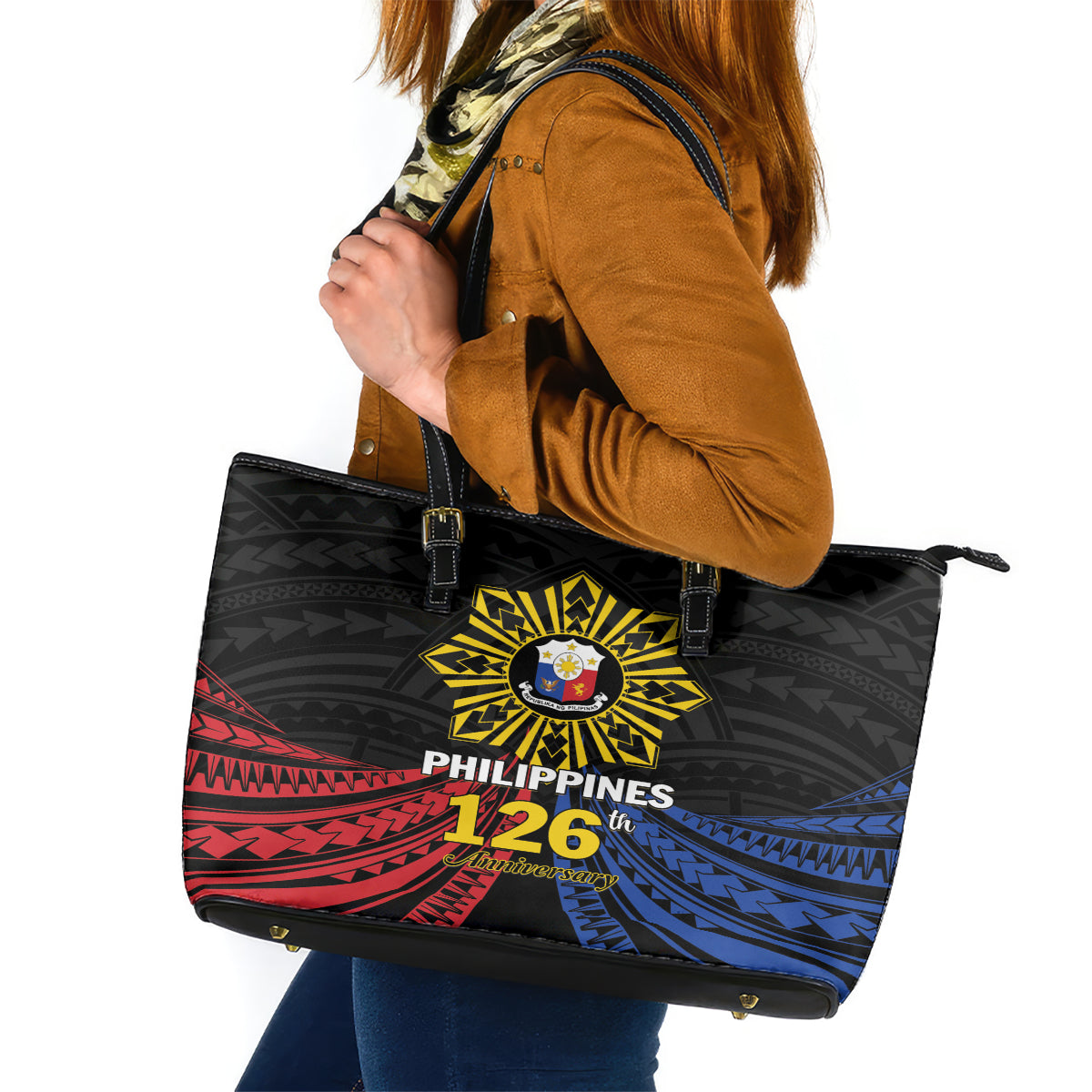 Philippines Independence Day Leather Tote Bag Filipino 126th Anniversary Sun Tattoo LT01 Black - Polynesian Pride
