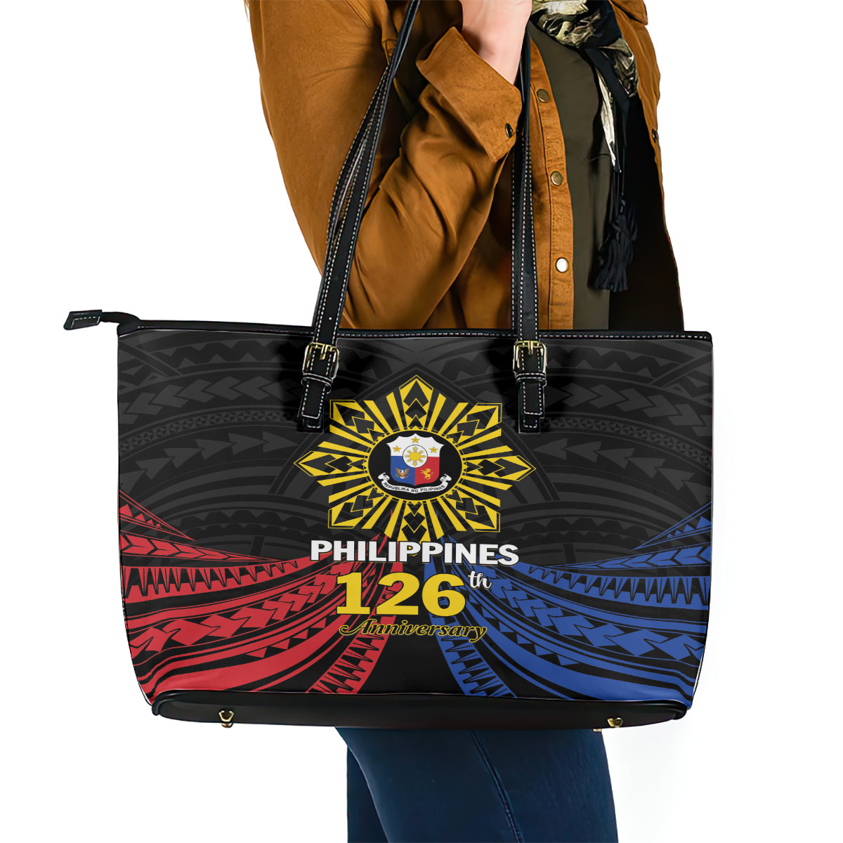 Philippines Independence Day Leather Tote Bag Filipino 126th Anniversary Sun Tattoo LT01 - Polynesian Pride