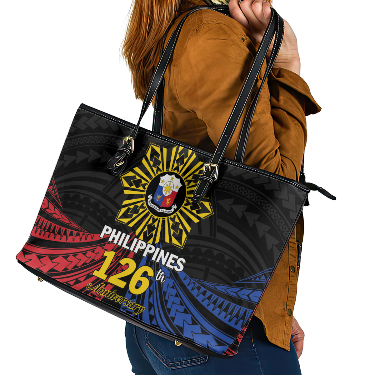 Philippines Independence Day Leather Tote Bag Filipino 126th Anniversary Sun Tattoo LT01 - Polynesian Pride