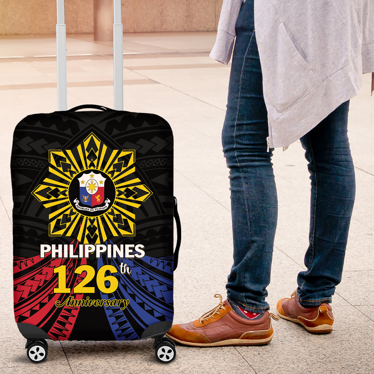 Philippines Independence Day Luggage Cover Filipino 126th Anniversary Sun Tattoo LT01 Black - Polynesian Pride