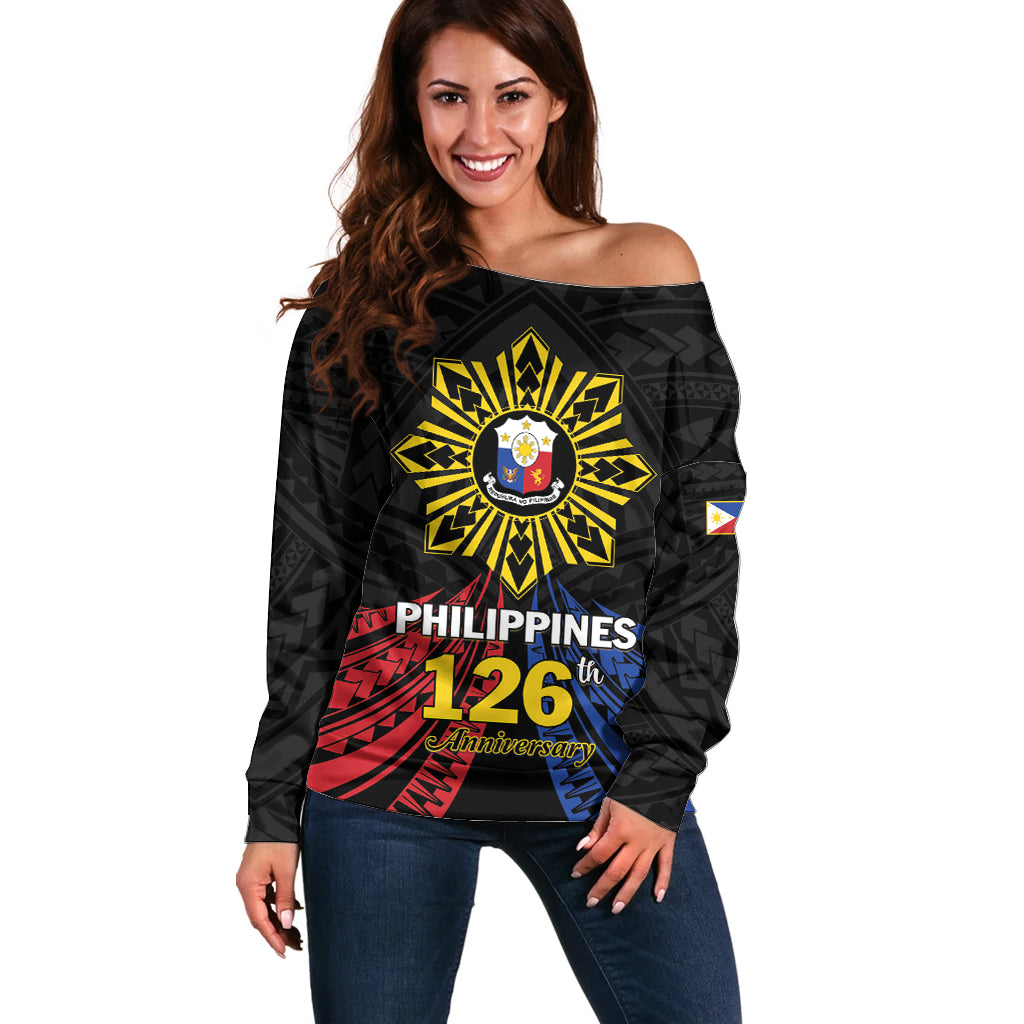 Personalized Philippines Independence Day Off Shoulder Sweater Filipino 126th Anniversary Sun Tattoo LT01 Women Black - Polynesian Pride