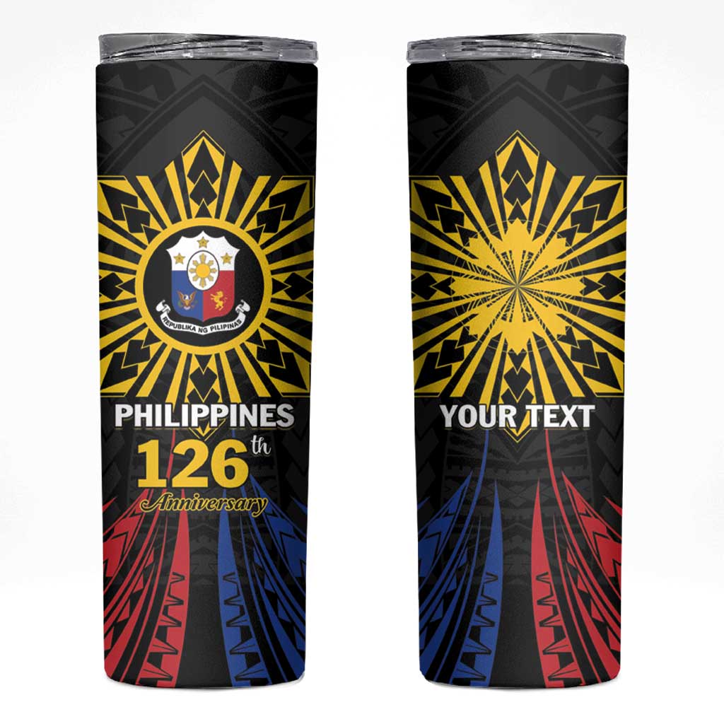Personalized Philippines Independence Day Skinny Tumbler Filipino 126th Anniversary Sun Tattoo LT01 Black - Polynesian Pride