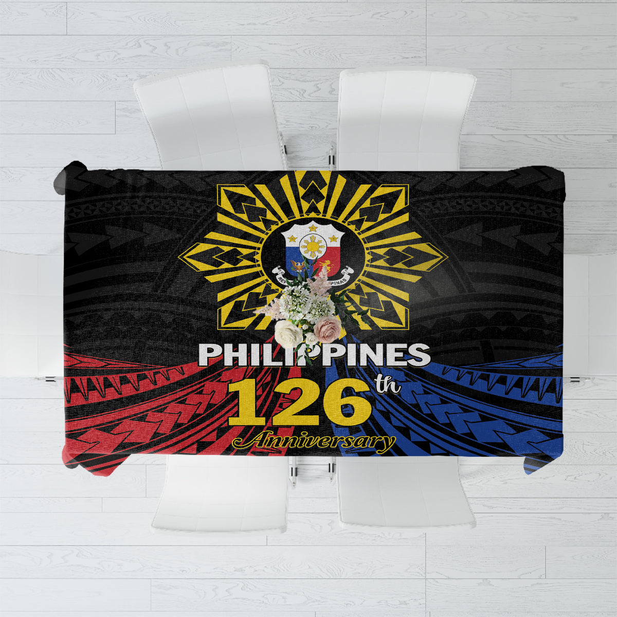 Philippines Independence Day Tablecloth Filipino 126th Anniversary Sun Tattoo LT01 Black - Polynesian Pride