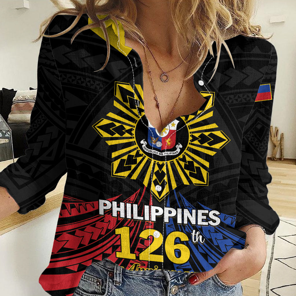 Personalized Philippines Independence Day Women Casual Shirt Filipino 126th Anniversary Sun Tattoo LT01 Female Black - Polynesian Pride